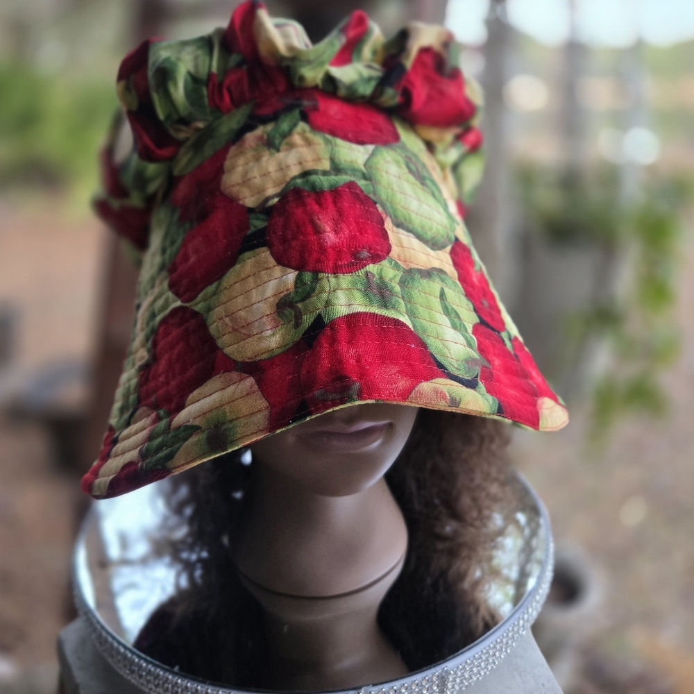 Handmade Cottagecore Bonnet With Red Green Yellow Apple Print
